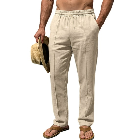 LWavelet Mens Linen Straight Leg Pants Elastic Waist Drawstring Summer Pants Khaki M