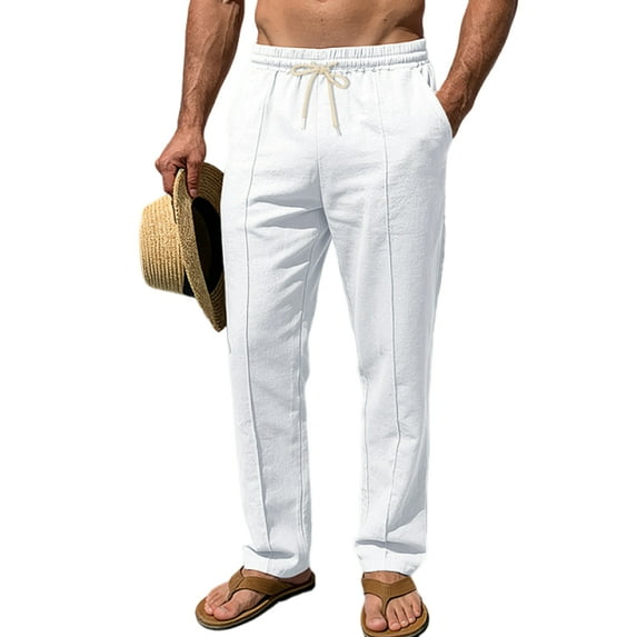 LWavelet Mens Linen Straight Leg Pants Elastic Waist Drawstring Summer Pants White 3XL