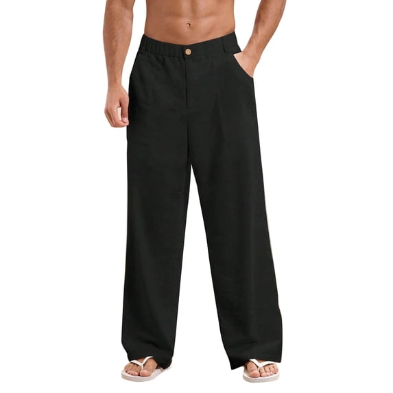 LWavelet Mens Linen Wide Leg Pants Elastic Waist Button Detail Summer Pants Black M