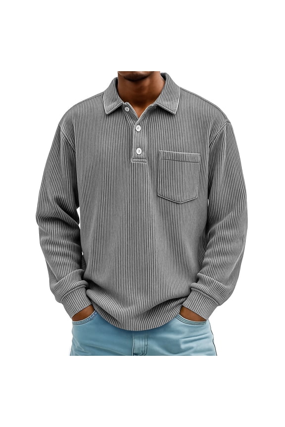 Mens Long Sleeve Ribbed Polo Shirt Casual Button Down Corduroy Top with Chest Pocket Classic Fit Lightweight Pullover
