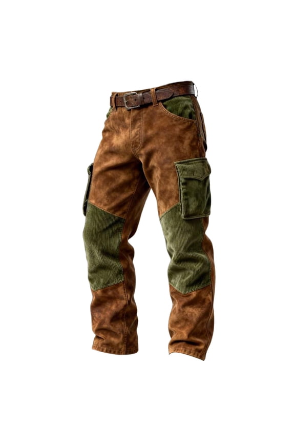 Mens Patchwork Cargo Pants Corduroy Panel Belt Waist Casual Pants Army Green XL