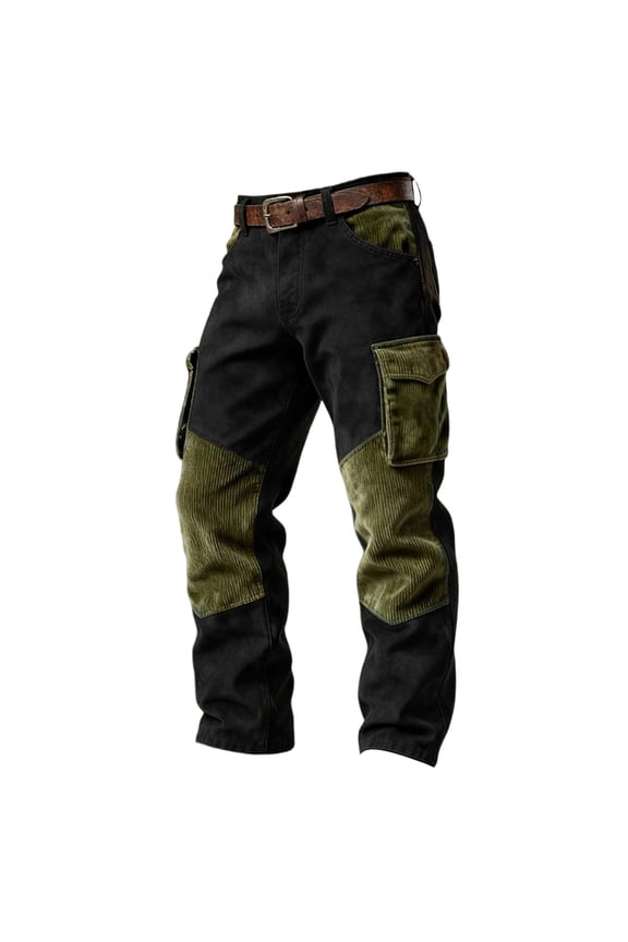 Mens Patchwork Cargo Pants Corduroy Panel Belt Waist Casual Pants Black L