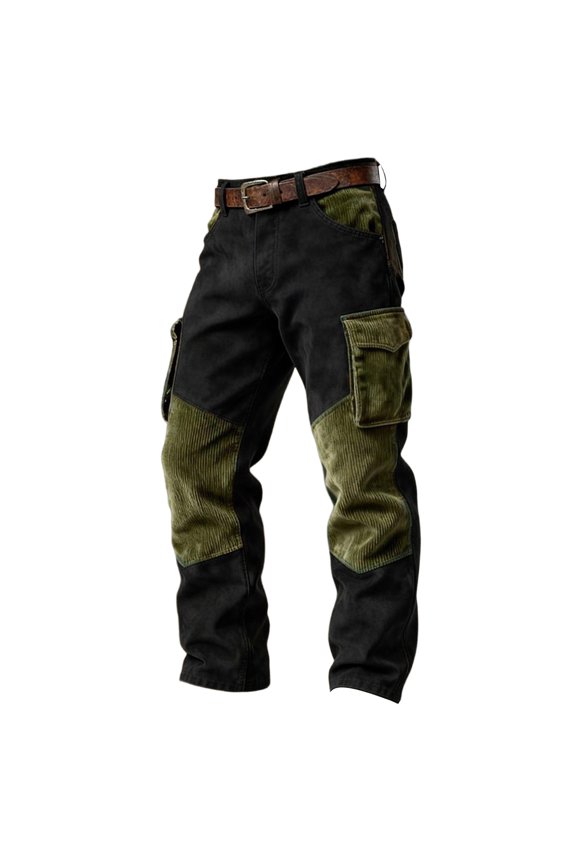 Mens Patchwork Cargo Pants Corduroy Panel Belt Waist Casual Pants Black XL