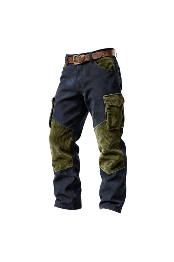 Mens Patchwork Cargo Pants Corduroy Panel Belt Waist Casual Pants Navy M