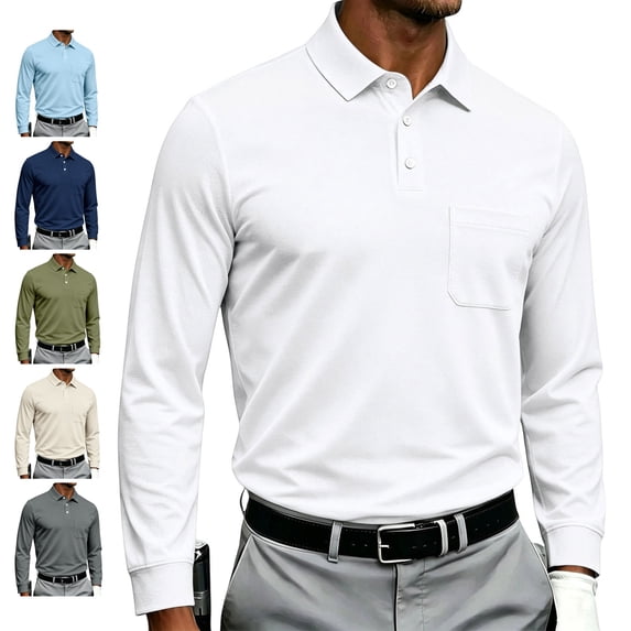 LWavelet Mens Polo Shirts Long Sleeve Button Collared Golf Shirts Casual Classic Business Dress Shirts for Office Work