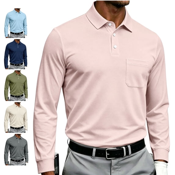 LWavelet Mens Polo Shirts Long Sleeve Button Collared Golf Shirts Casual Classic Business Dress Shirts for Office Work