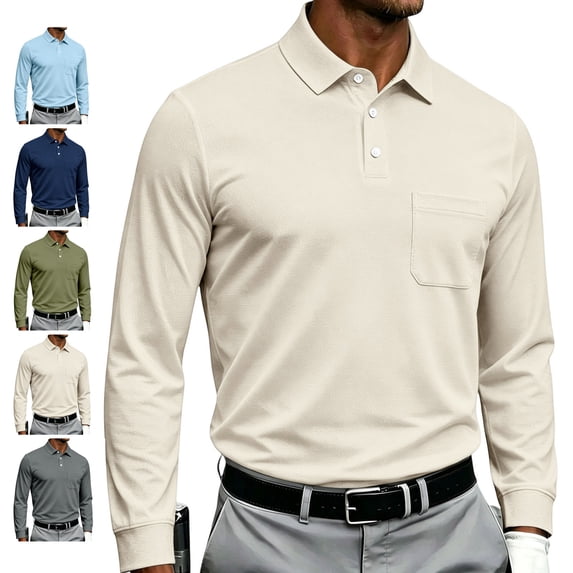 LWavelet Mens Polo Shirts Long Sleeve Button Collared Golf Shirts Casual Classic Business Dress Shirts for Office Work