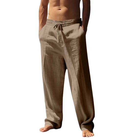 LWavelet Mens Relaxed Fit Linen Pants Elastic Waist Drawstring Summer Lounge Pants Coffee 3XL