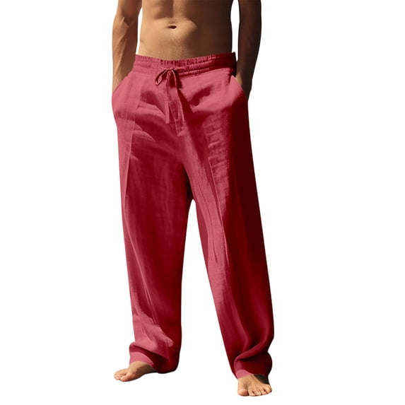LWavelet Mens Relaxed Fit Linen Pants Elastic Waist Drawstring Summer Lounge Pants Red S
