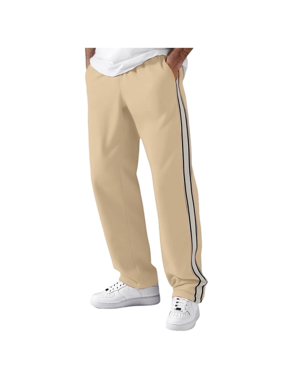 Mens Side Stripe Track Pants Elastic Waist Straight Leg Casual Pants Khaki XL