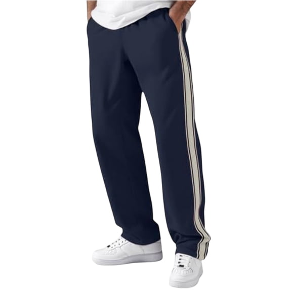 LWavelet Mens Side Stripe Track Pants Elastic Waist Straight Leg Casual Pants Navy XL