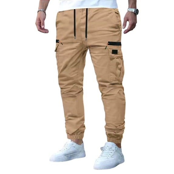 LWavelet Mens Slim Fit Cargo Pants Elastic Waist Multi Pocket Outdoor Casual Pants Khaki 2XL