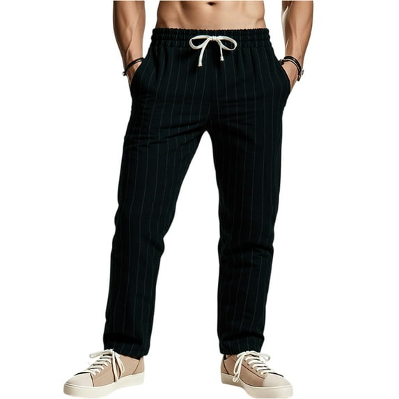 LWavelet Mens Striped Linen Pants Elastic Waist Drawstring Summer Casual Pants Black L