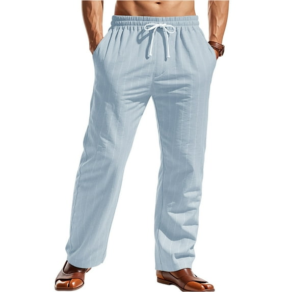 LWavelet Mens Striped Linen Pants Elastic Waist Drawstring Summer Casual Pants Light Blue 2XL
