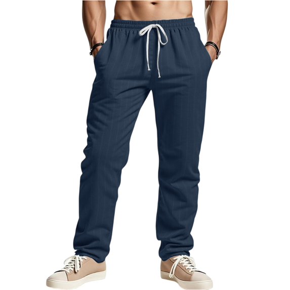 LWavelet Mens Striped Linen Pants Elastic Waist Drawstring Summer Casual Pants Navy XL