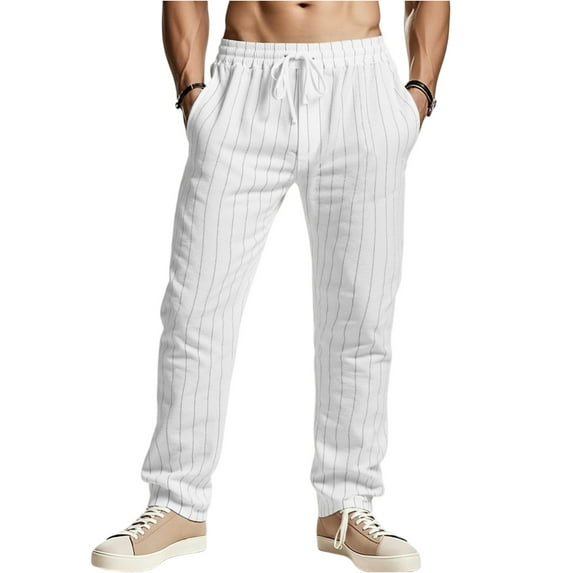 LWavelet Mens Striped Linen Pants Elastic Waist Drawstring Summer Casual Pants White XL