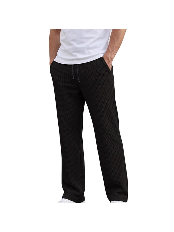 Mens Waffle Knit Lounge Pants Elastic Waist Drawstring Casual Pants Black L