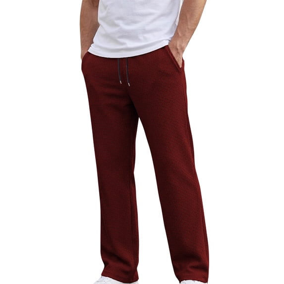 LWavelet Mens Waffle Knit Lounge Pants Elastic Waist Drawstring Casual Pants Deep Red 2XL