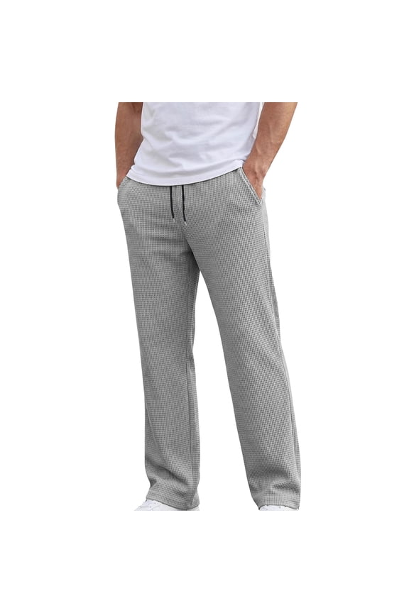 Mens Waffle Knit Lounge Pants Elastic Waist Drawstring Casual Pants Gray M