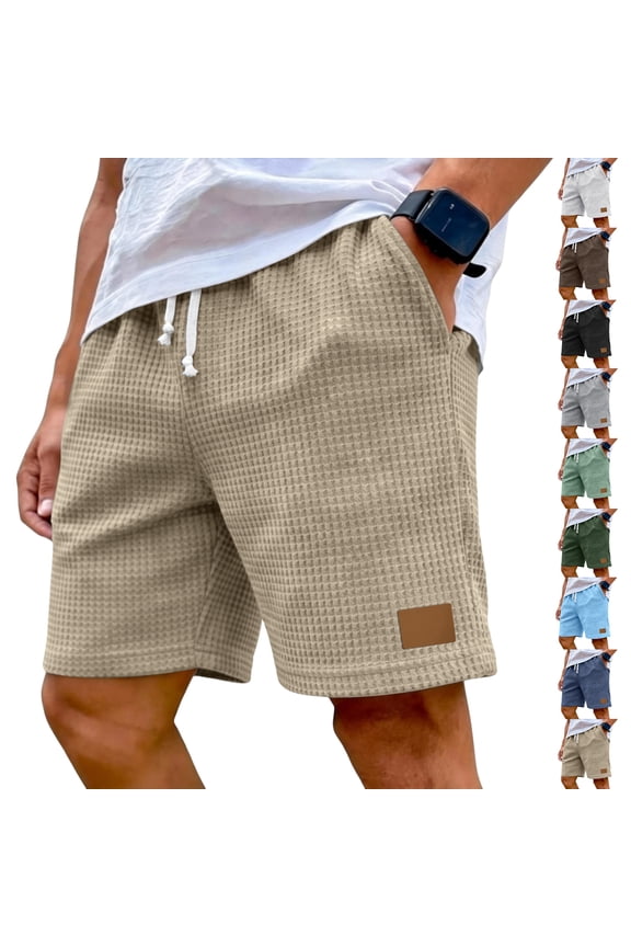 Mens Waffle Shorts Casual Summer Elastic Waist Drawstring Lightweight Solid Beach Vacation Shorts with Pockets,Light Green L