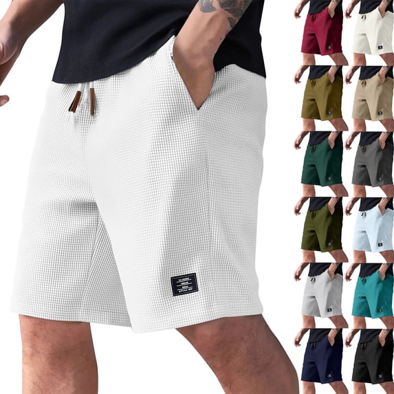 LWavelet Mens Waffle Shorts Summer Casual 7" Textured Knit Drawstring Elastic Waist Comfy Short with Pockets Beach Vacation,Dark Green XL