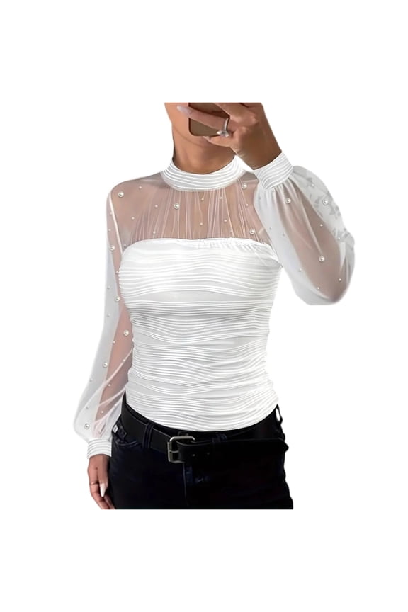 Mesh Pearl Detail Ruched Top Womens Plus Size Mock Neck Daily Casual Long Sleeve Blouse White S