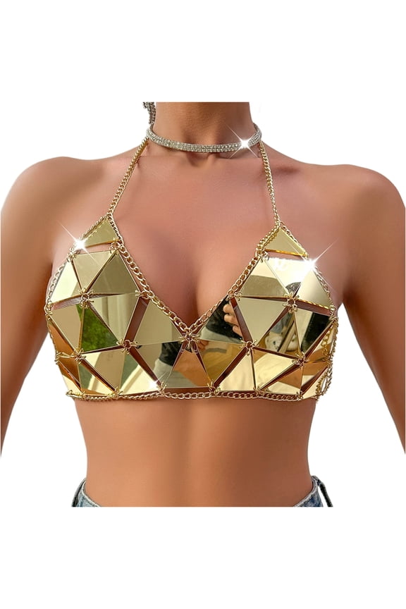 Mirror Geometric Halter Neck Crop Top Women Glitzy Festival Party Unique Tops Gold One Size