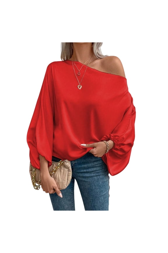Off-Shoulder Oversized Puff Sleeve Satin Top Womens Plus Size Stylish Daily Casual Blouse Red S