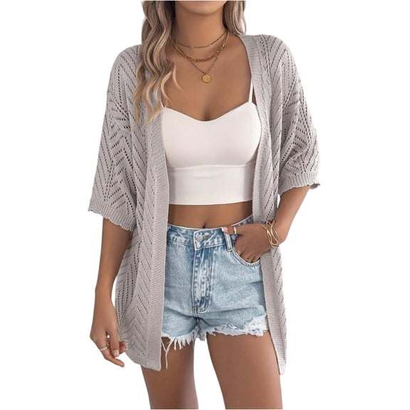 LWavelet Open-Knit 3/4 Sleeve Cropped Cardigan Women Stylish Spring Casual Loose Versatile Outerwear Gray XL