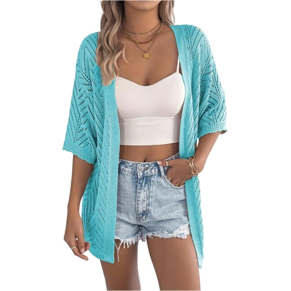 LWavelet Open-Knit 3/4 Sleeve Cropped Cardigan Women Stylish Spring Casual Loose Versatile Outerwear Turquoise L