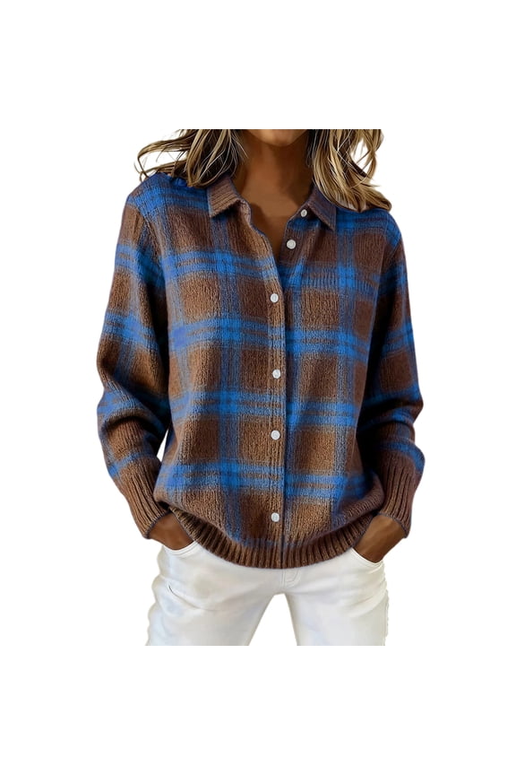 Oversized Plaid Knit Shacket Women Stylish Fall Casual Loose Layered Versatile Soft Outerwear Coffee M