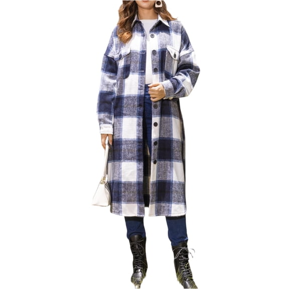 LWavelet Oversized Plaid Longline Shirt Jacket Women Stylish Fall Casual Lightweight Layered Outerwear Navy 2XL