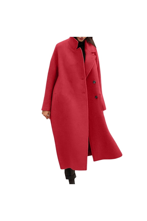 Oversized Wool Coat Women Warm Winter Daily Trendy Loose Longline Versatile Outerwear Red M