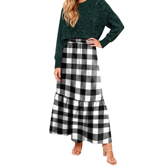 LWavelet Plaid Tiered Maxi Skirt Women Stylish Fall Casual Flowy Versatile Bottoms White XL
