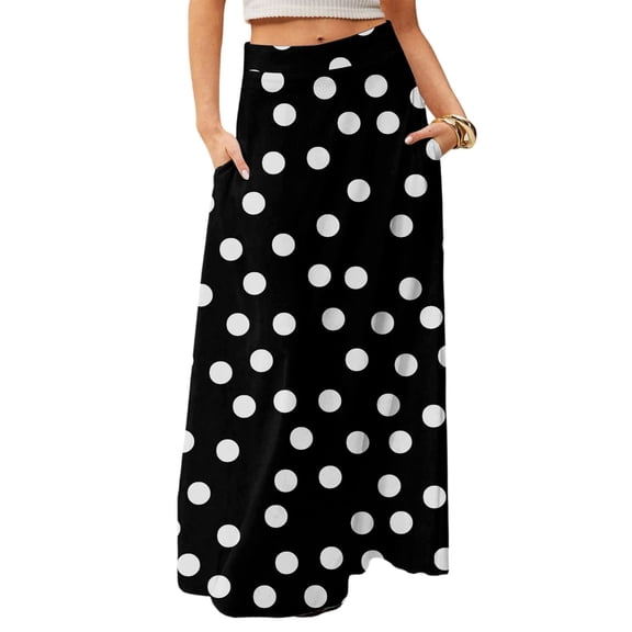 LWavelet Polka Dot Maxi Skirt with Side Pockets Women Daily Casual Flowy Versatile Bottoms Black M