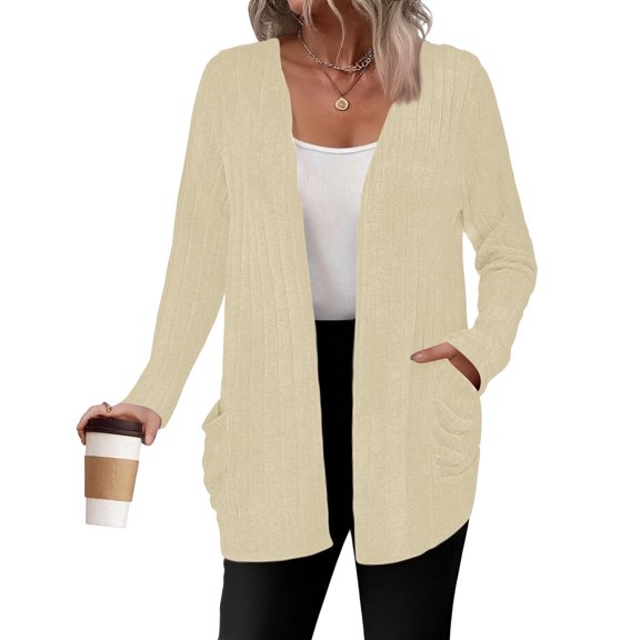 LWavelet Ribbed Knit Open Cardigan with Patch Pockets Women Cozy Fall Daily Casual Soft Versatile Outerwear Beige L
