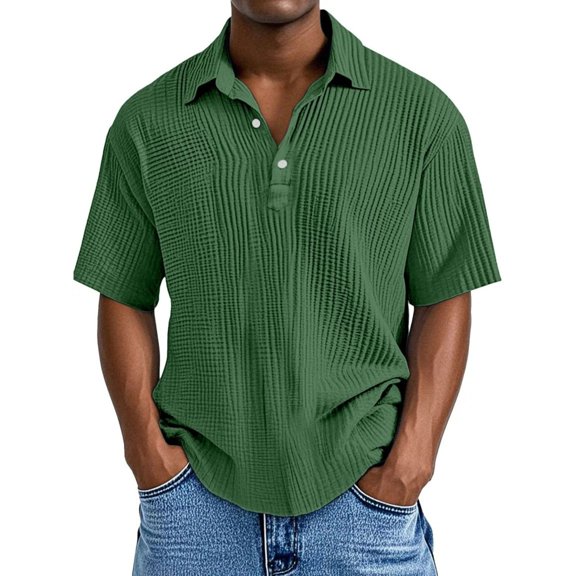 LWavelet Ribbed Pattern Men's Polo Shirt Ideal for Casual Style and Relaxed Wear Green M