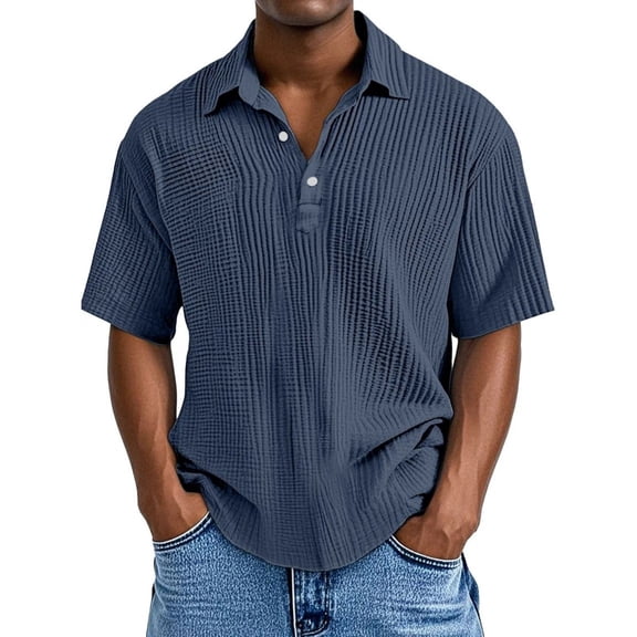 LWavelet Ribbed Pattern Men's Polo Shirt Ideal for Casual Style and Relaxed Wear Navy 2XL