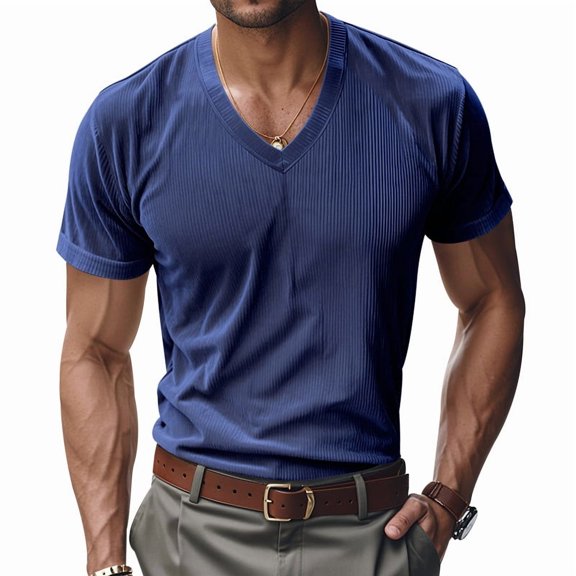 LWavelet Ribbed V Neck Men's Short Sleeve T-Shirt Ideal for Casual Commute and Daily Wear Royal Blue L