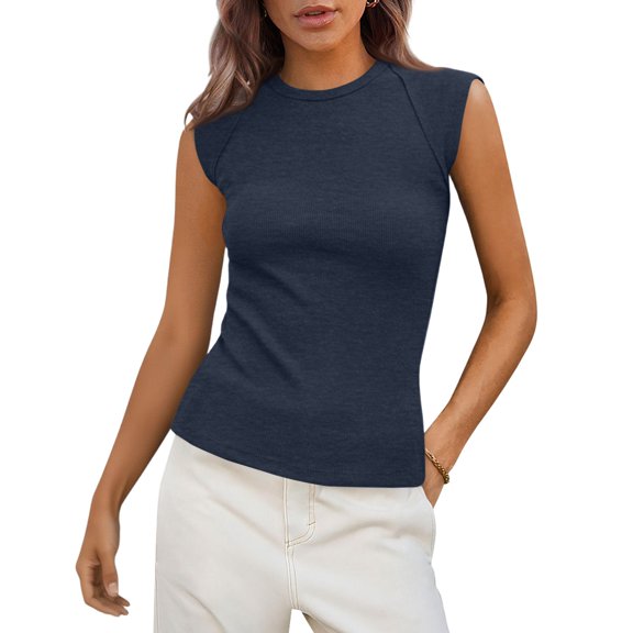 LWavelet Round Neck Ribbed Sleeveless Top Women Daily Casual Comfortable Versatile Stylish Tops Navy M