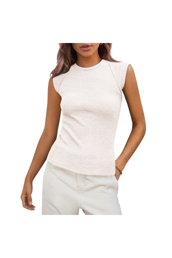 Round Neck Ribbed Sleeveless Top Women Daily Casual Comfortable Versatile Stylish Tops White S
