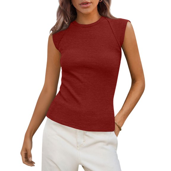 LWavelet Round Neck Ribbed Sleeveless Top Women Daily Casual Comfortable Versatile Stylish Tops Wine M