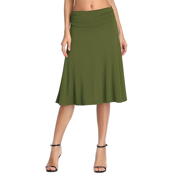 LWavelet Ruched Waist A-Line Midi Skirt Women Office Casual Flowy Stylish Versatile Bottoms Army Green S