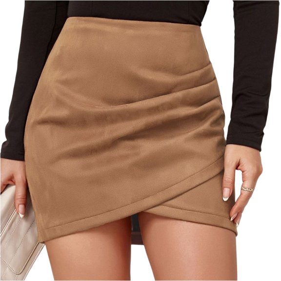 LWavelet Ruched Wrap Mini Skirt Women Stylish Fall Casual Slim-Fit Trendy Bottoms Camel M