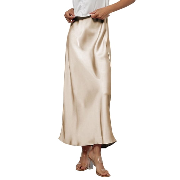 LWavelet Satin Maxi Skirt Women Elegant Evening Party Flowy Versatile Bottoms Beige M
