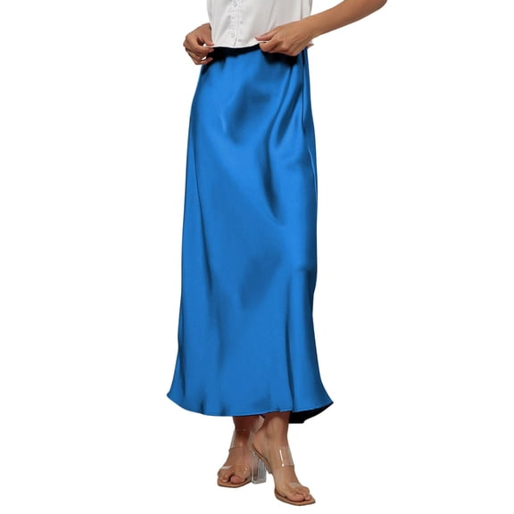 LWavelet Satin Maxi Skirt Women Elegant Evening Party Flowy Versatile Bottoms Sky Blue L