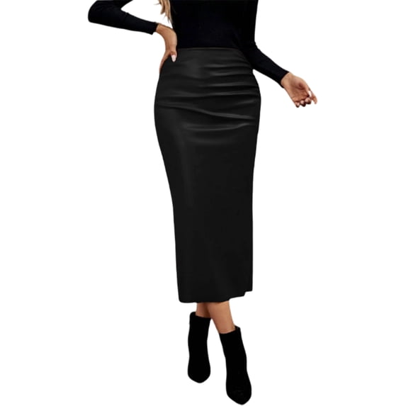 LWavelet Satin Ruched Pencil Midi Skirt Women Elegant Evening Party Stylish Versatile Bottoms Black S
