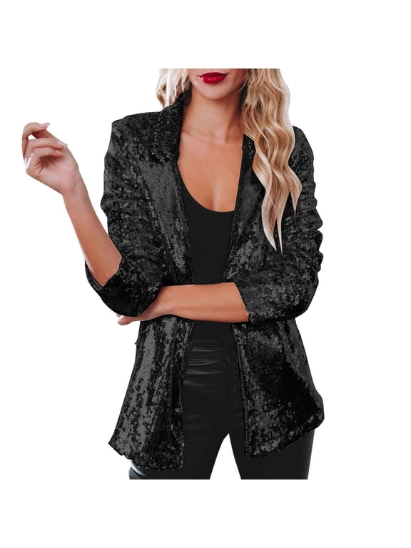 Sequin Blazer Jacket Women Glitzy Party Festive Night Out Trendy Sparkly Outerwear Black M