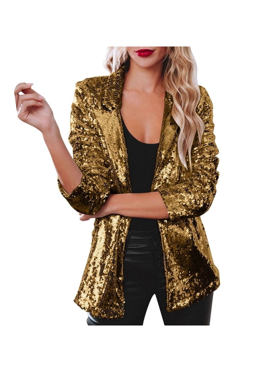 Sequin Blazer Jacket Women Glitzy Party Festive Night Out Trendy Sparkly Outerwear Gold 2XL