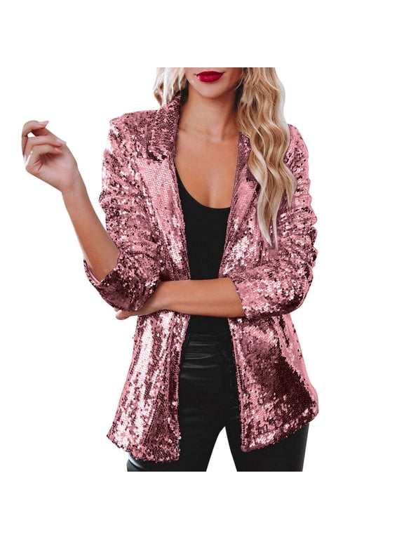 Sequin Blazer Jacket Women Glitzy Party Festive Night Out Trendy Sparkly Outerwear Hot Pink L